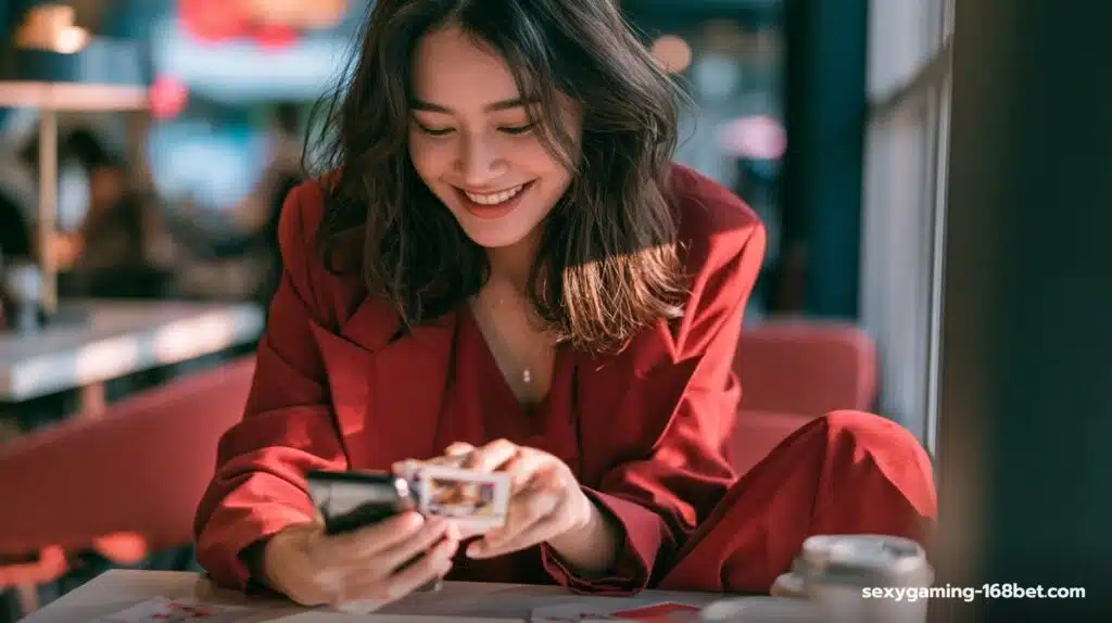 สาวไทยเล่นมือถือในคาเฟ่โทนชมพู