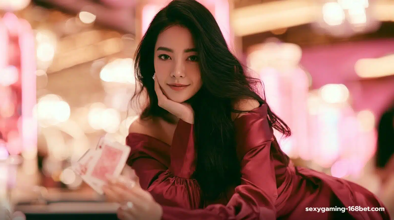 สาวไทยชุดแดงพิงโต๊ะ Sexy Baccarat พร้อมไพ่