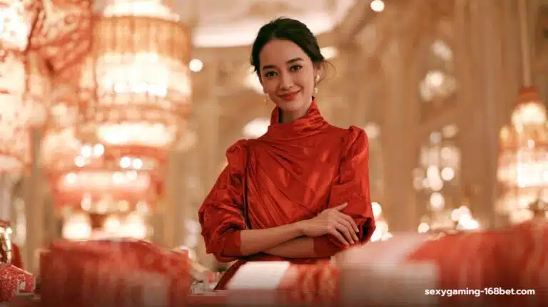 ดีลเลอร์สาวไทยชุดแดงยืนประจำโต๊ะบาคาร่าในคาสิโนหรู